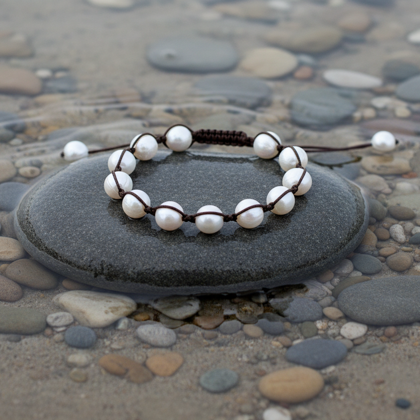 Sambala White Pearl armband op steen bij oever