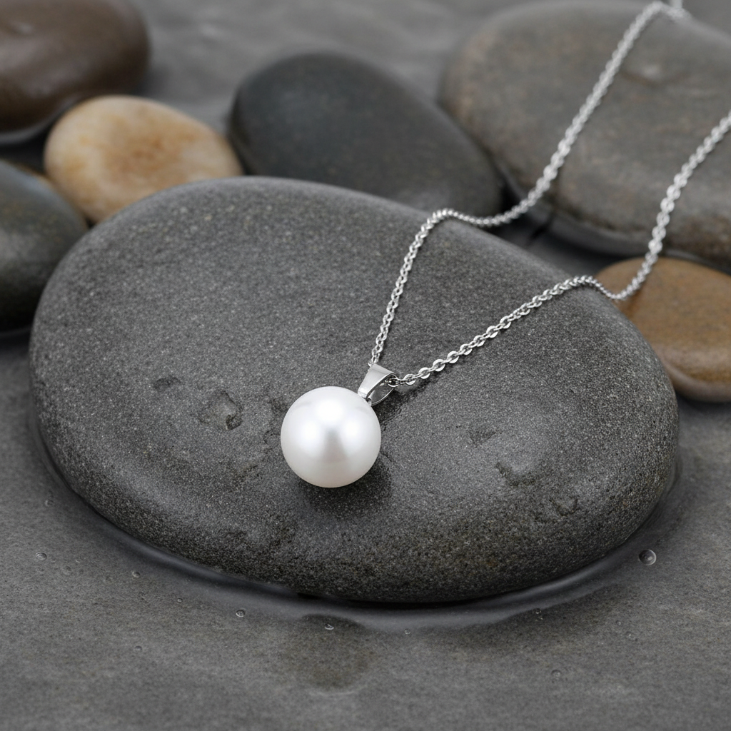 Sanna ketting - één ketting met één parel op grijze natte steen