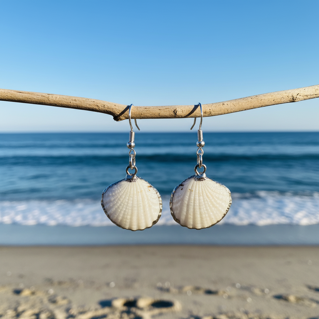 Schelpen oorbellen White Cockel Shell Silver zonnige dag