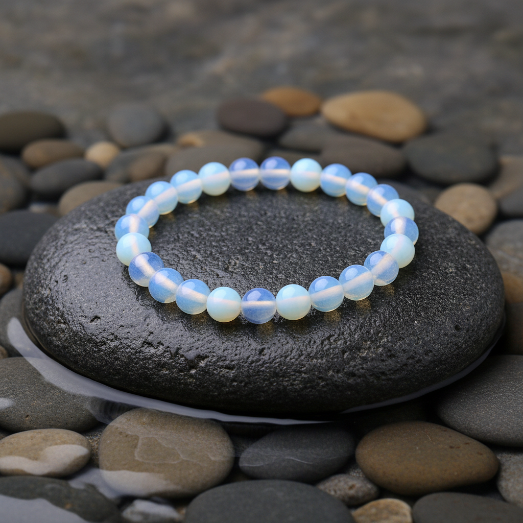 Sea Opal edelstenen armband close-up op grijze natte steen bij oever