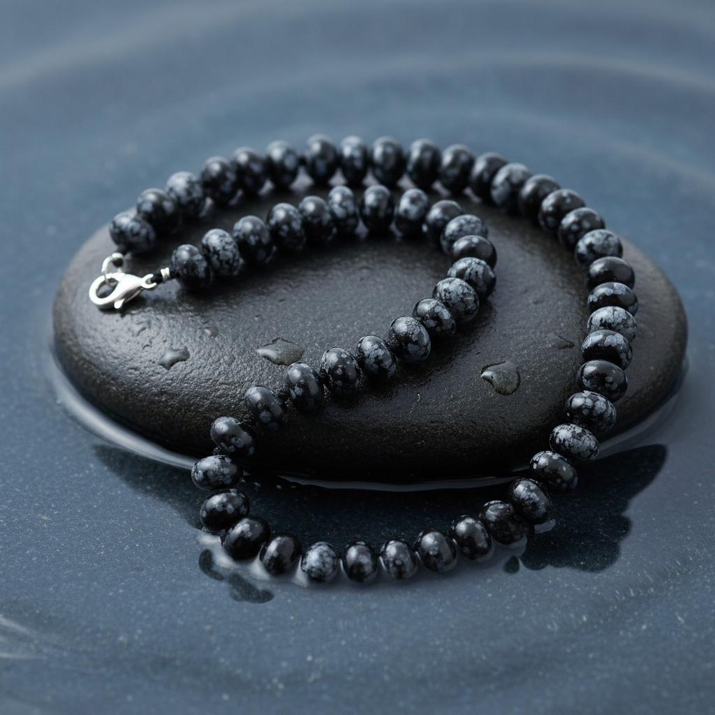Zwart grijze handgeknoopte edelstenen ketting met obsidiaan sneeuwvlok en sterling zilver (925) liggend op steen in water | Snowflake Obsidiaan Rondelle