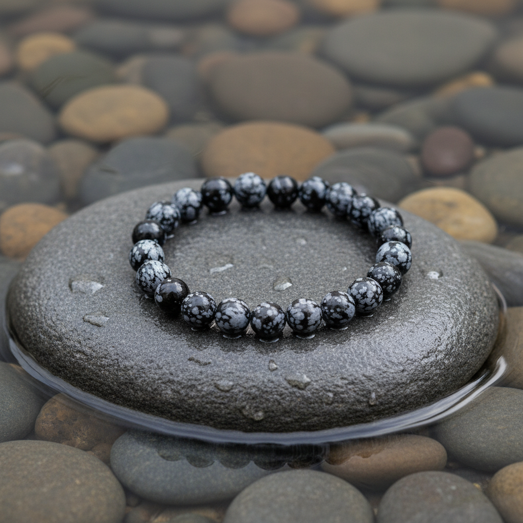 Snowflake Obsidian edelstenen armband close-up op grijze natte steen bij oever