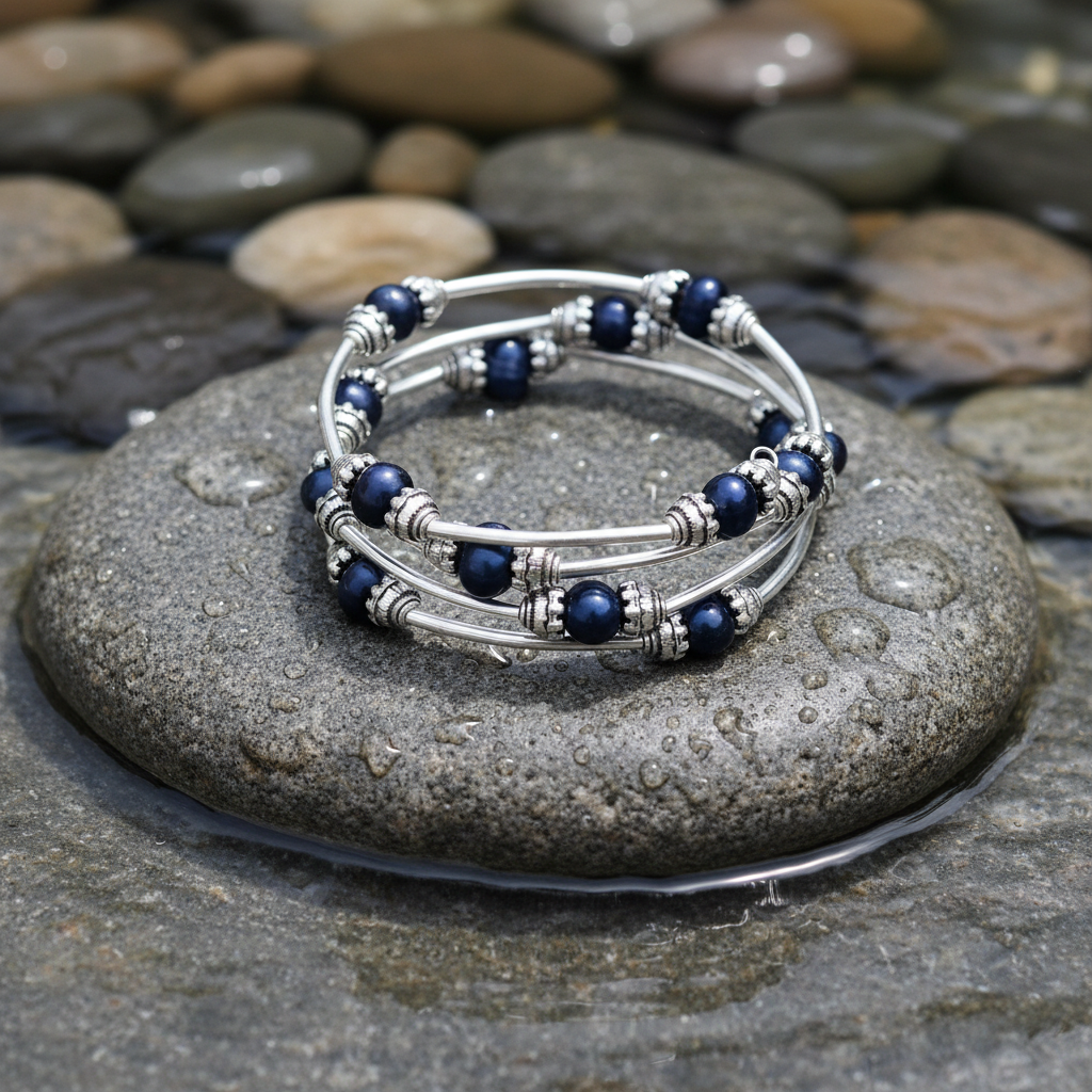 Three Loops Dark Blue Pearl zoetwater parel wikkelarmband close-up op grijze natte steen bij oever