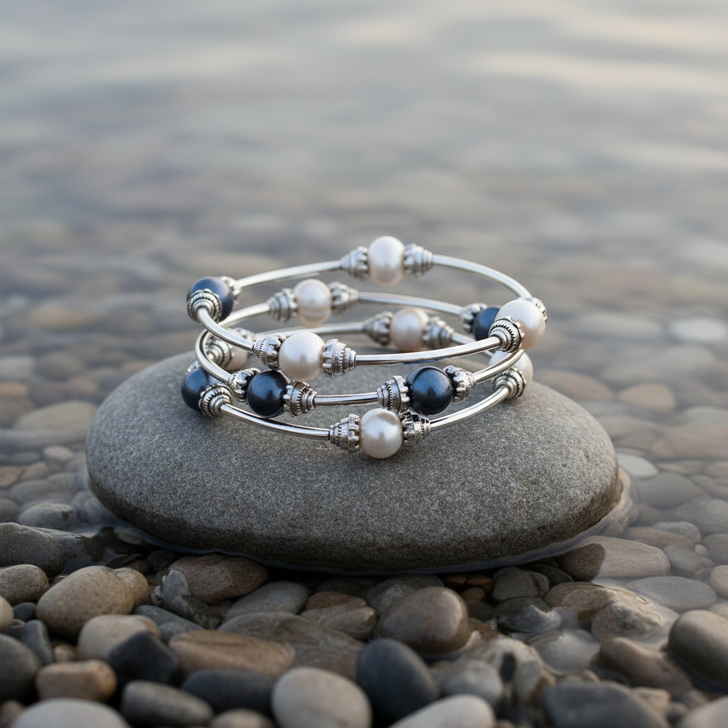 Three Loops White & Dark Blue Pearl armband aan de waterkant