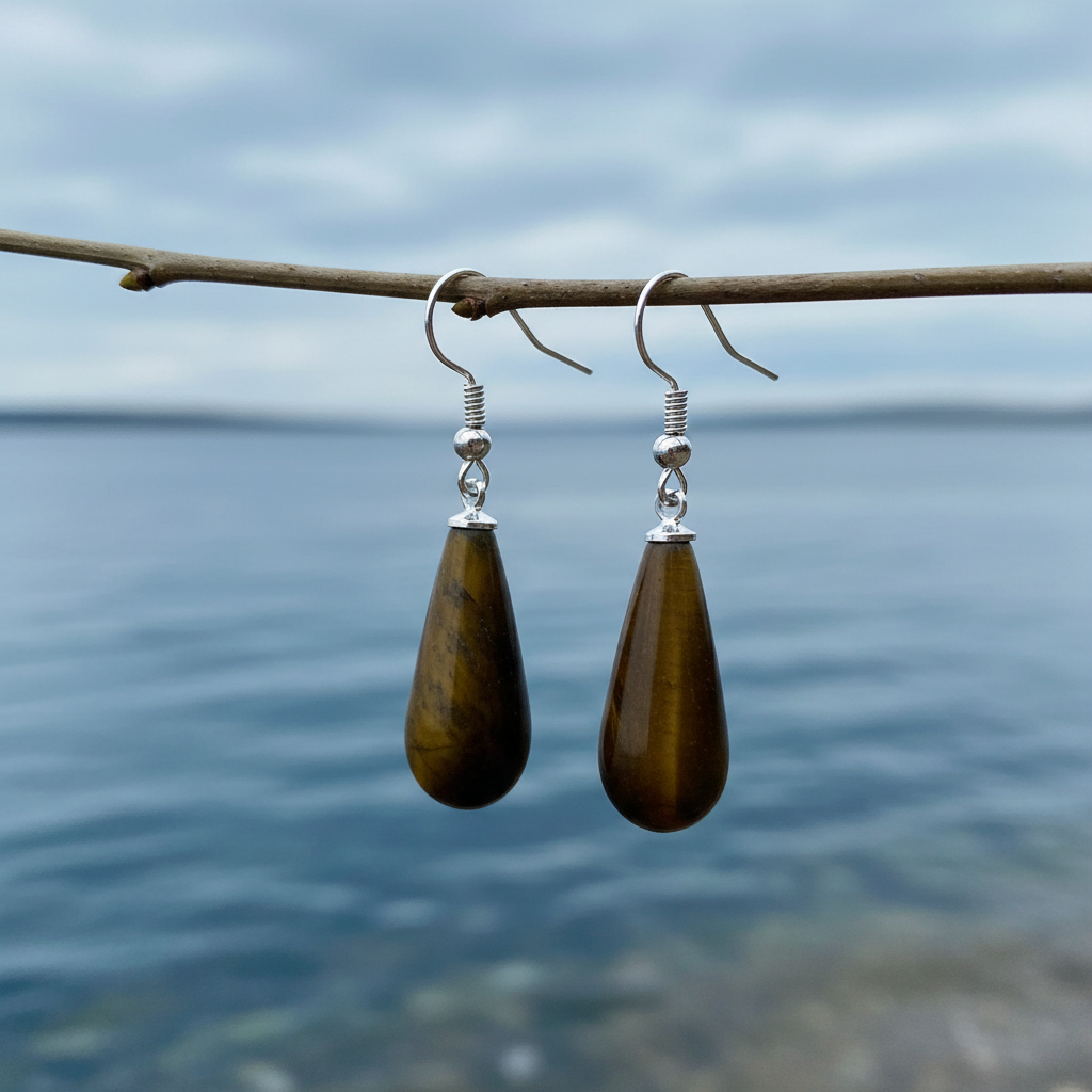 Tiger Eye oorbellen aan takje bij waterrand