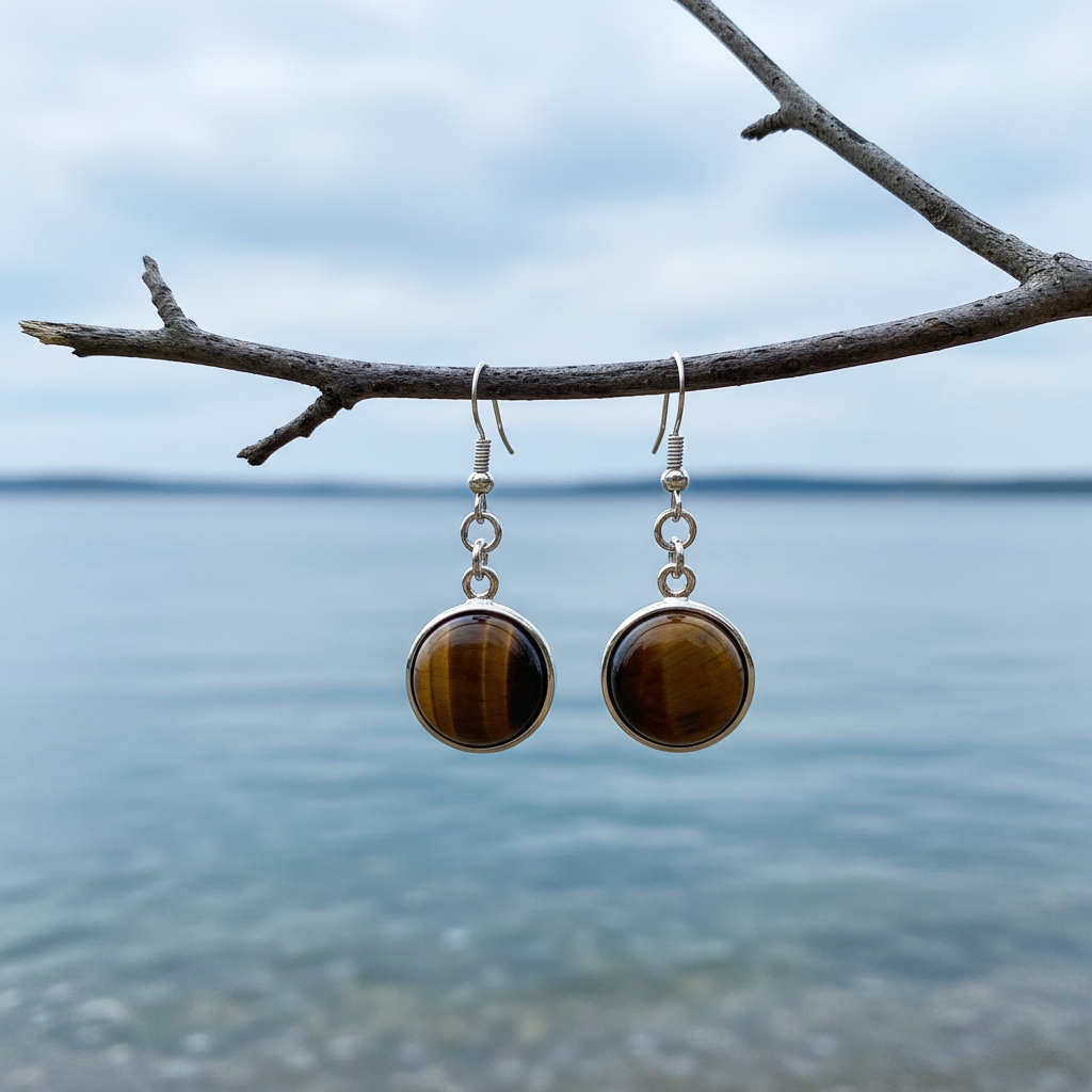 Tiger Eye Round oorbellen aan enkele tak