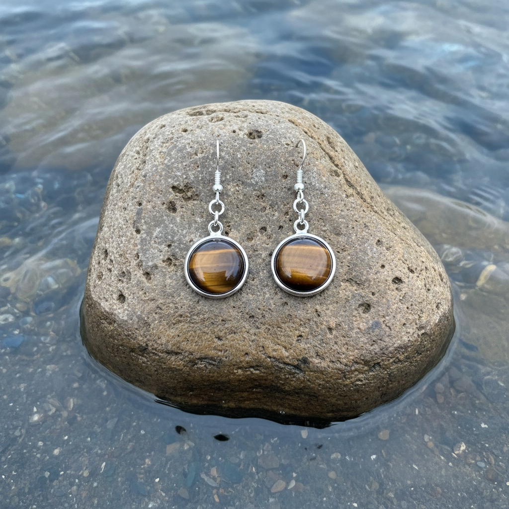 Tiger Eye Round oorbellen op realistische steen