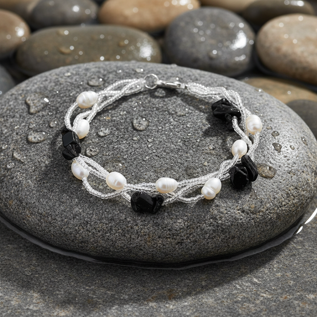 Twine Pearl Black Agate zoetwater parel armband close-up op grijze natte steen bij oever
