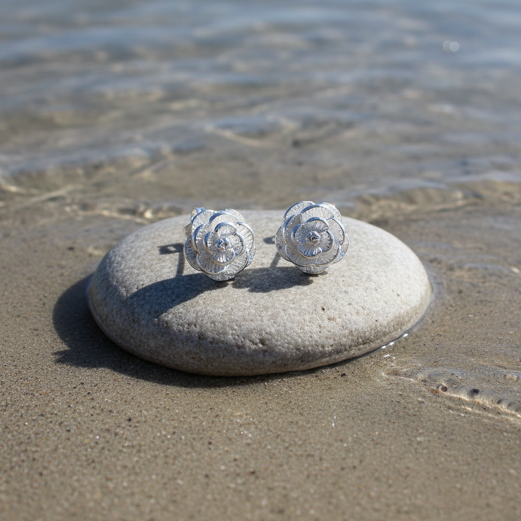 Verzilverde oorbellen Silver Flower bovenaanzicht met gematigd contrast