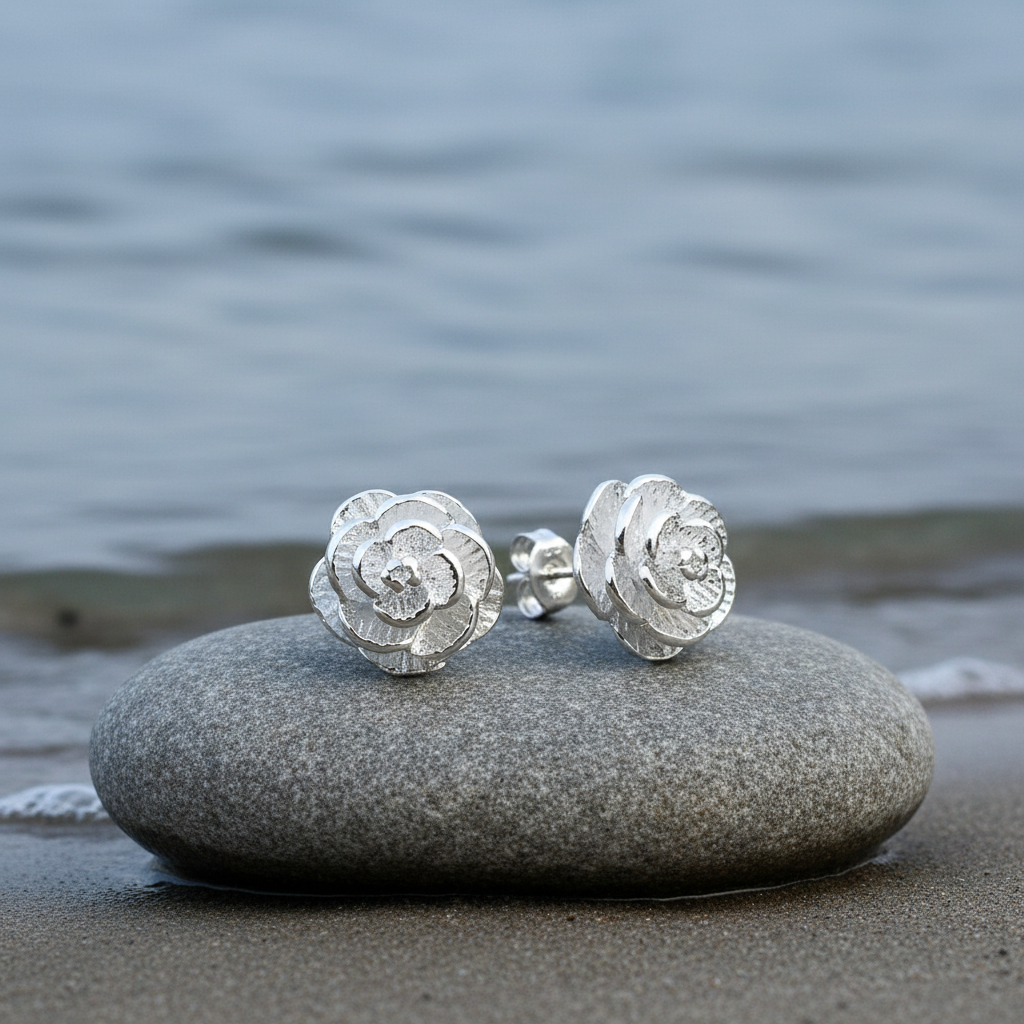Verzilverde oorbellen Silver Flower op steen met meer contrast