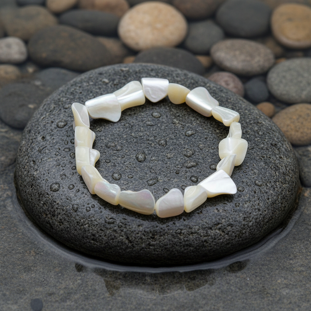White Shell Small parelmoeren armband close-up op grijze natte steen bij oever