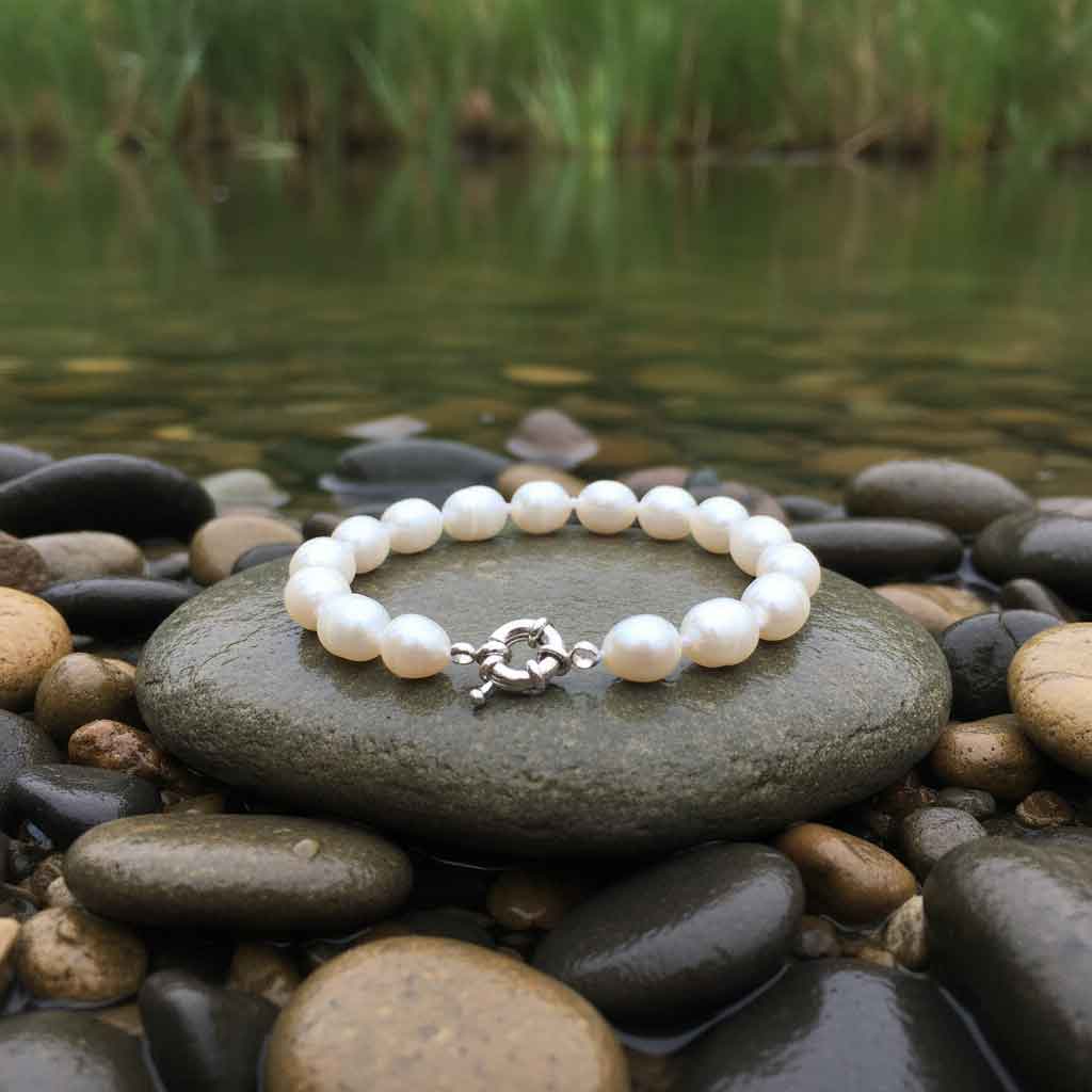 Wit zoetwater parel armband liggend op steen bij water | Wirra