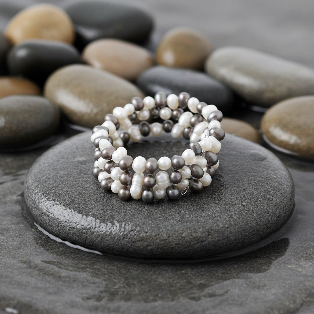 Wrap Light & Dark Pearl armband - nieuwe poging op grijze natte steen