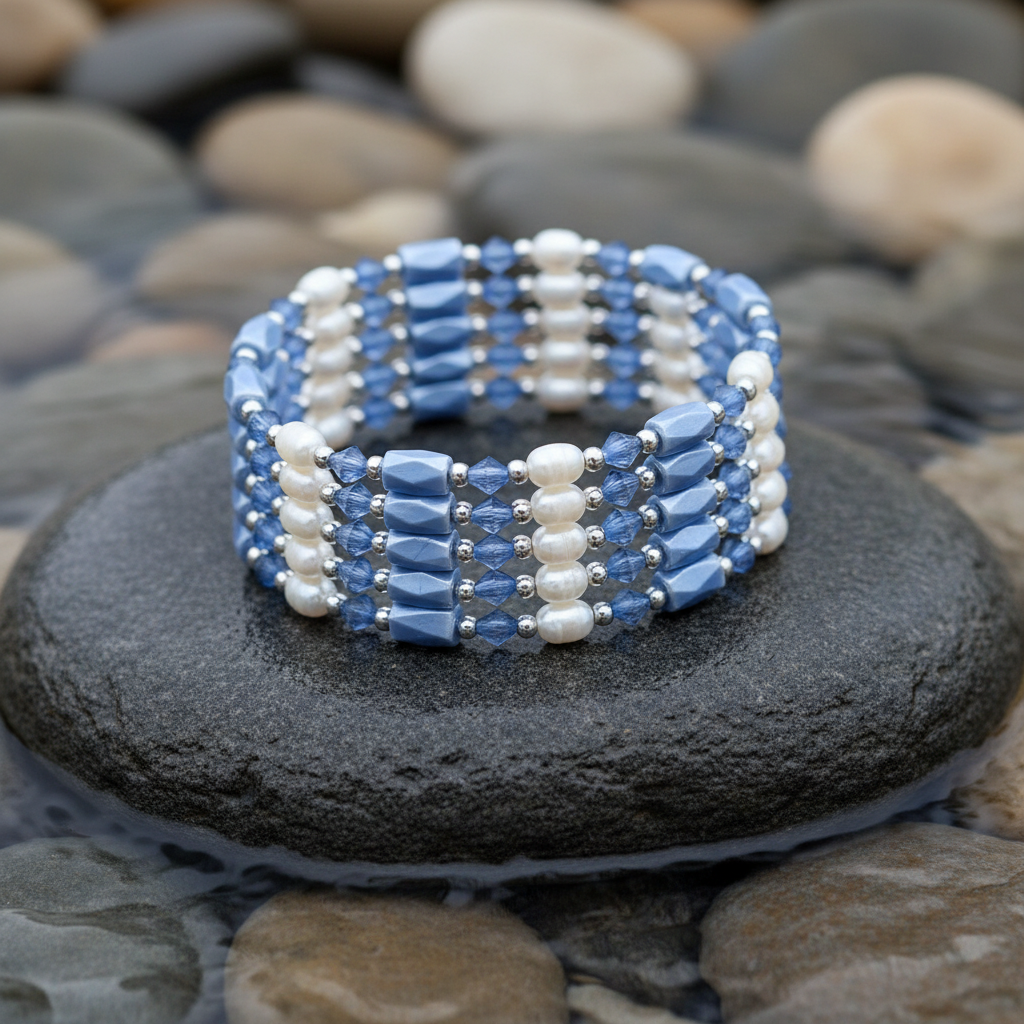 Wrap Magnetite Blue Pearl armband close-up op grijze natte steen bij oever