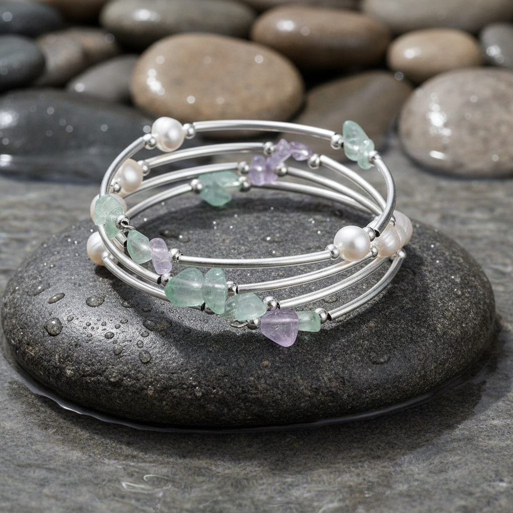 Wrap Pearl Fluorite zoetwater parel wikkelarmband close-up op grijze natte steen bij oever