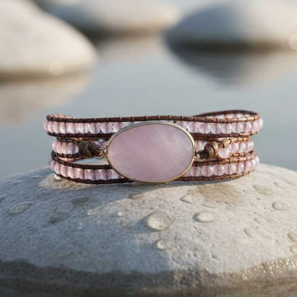 Edelstenen wikkelarmband Wrap Rose Quartz 3 Rows