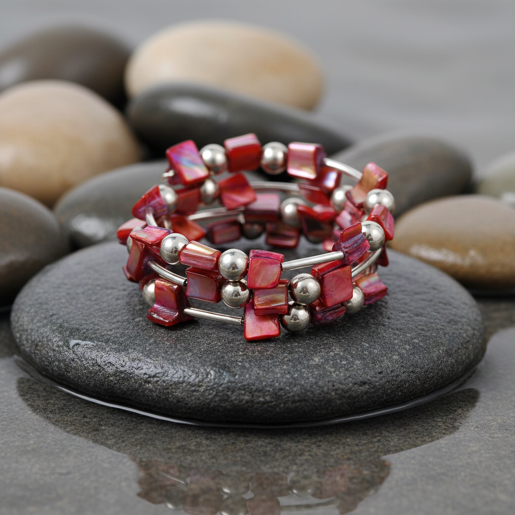 Wrap Shell Red armband close-up op grijze natte steen bij oever