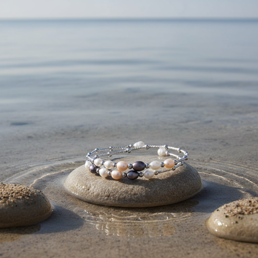 Wrap Silver Multi Pearl armband - variatie