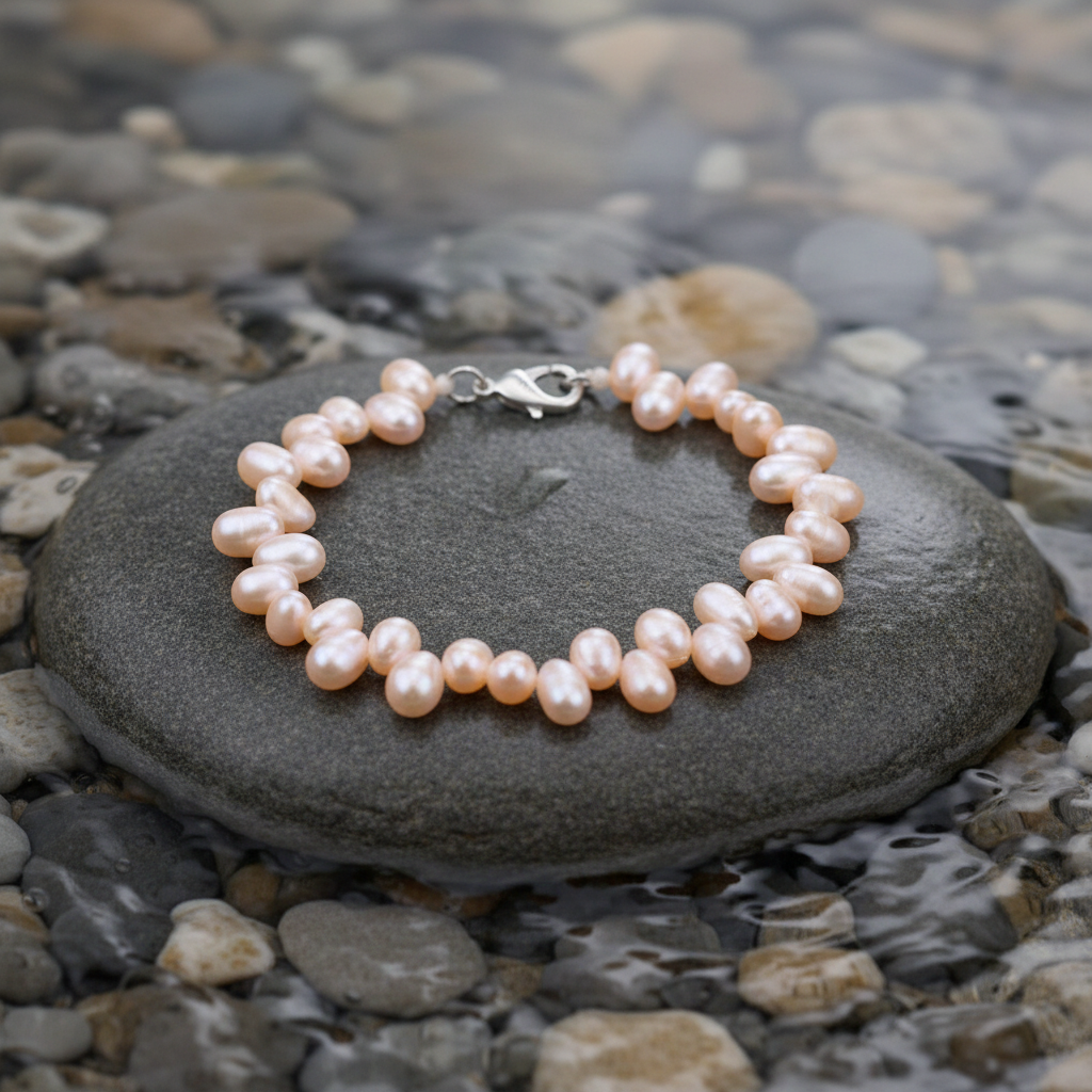 Zamia parel armband close-up op grijze natte steen bij oever