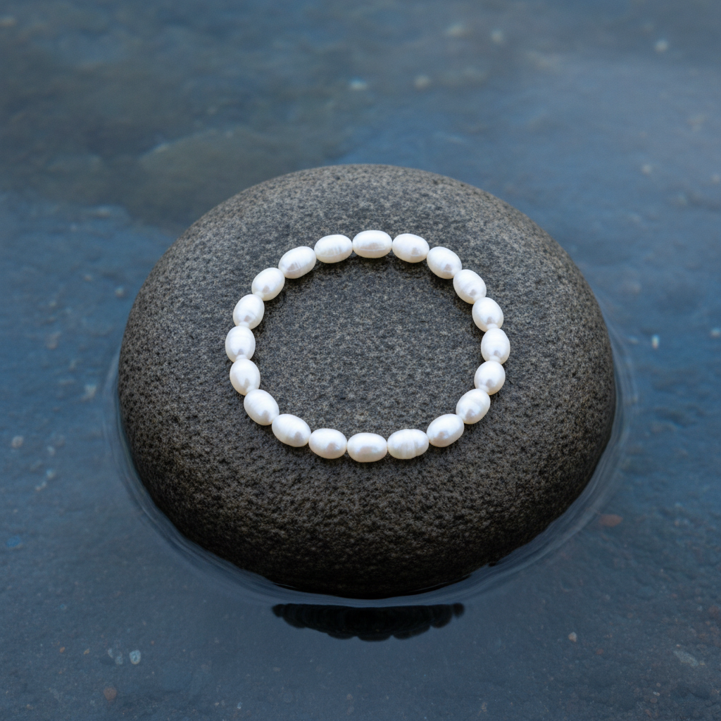Wit zoetwater parel armband liggend op steen, elastisch | Bella White