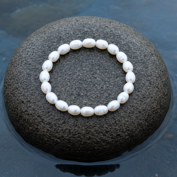 Wit zoetwater parel armband liggend op steen, elastisch | Bella White