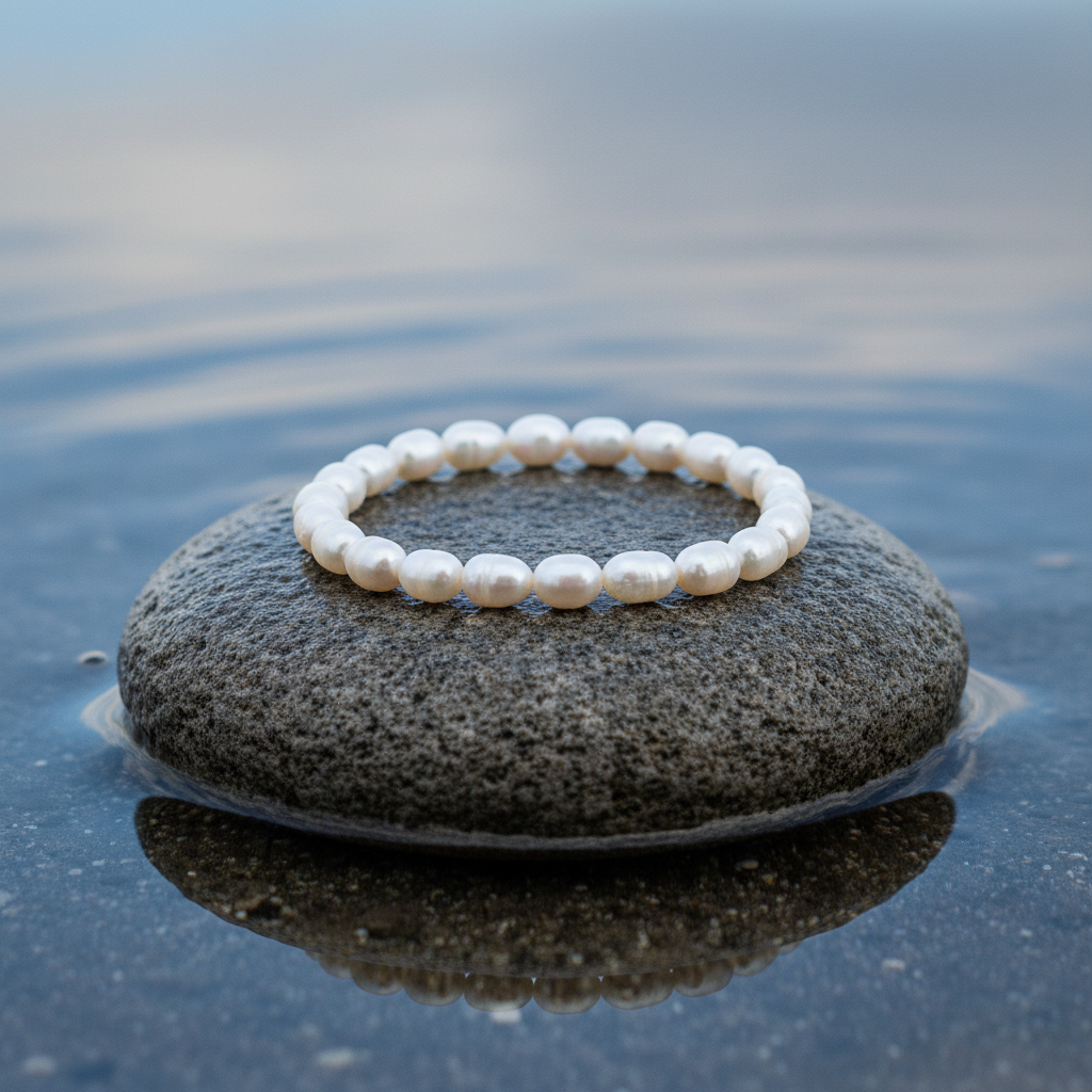 Wit zoetwater parel armband liggend op steen in water, elastisch | Bella White