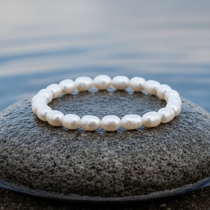 Wit zoetwater parel armband liggend op steen in water, elastisch | Bella White