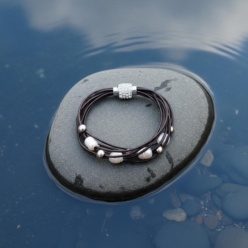 Zoetwater parel armband Bling Pearl Brown - bovenaanzicht op steen in water