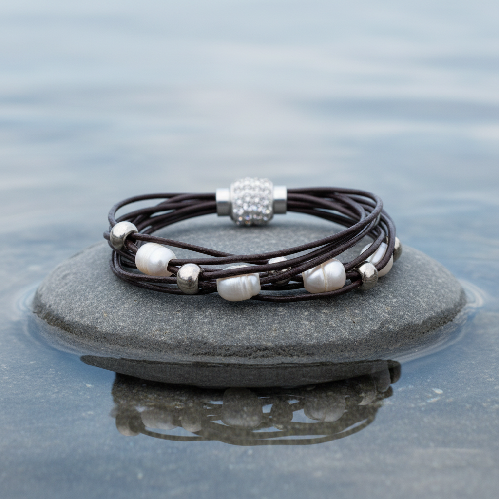 Zoetwater parel armband Bling Pearl Brown - close-up vooraanzicht met witte parels