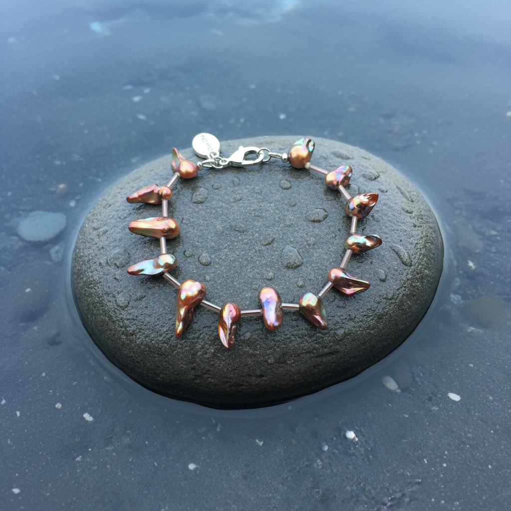 Zoetwater parel armband Blister Stick AB Brown - bovenaanzicht op steen in water