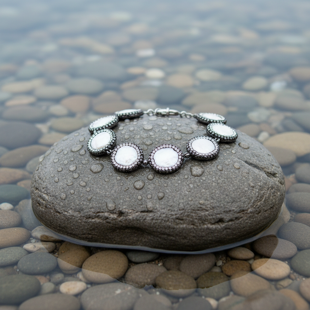Zoetwater parel armband Bright Coin Pearl op realistische grijze steen