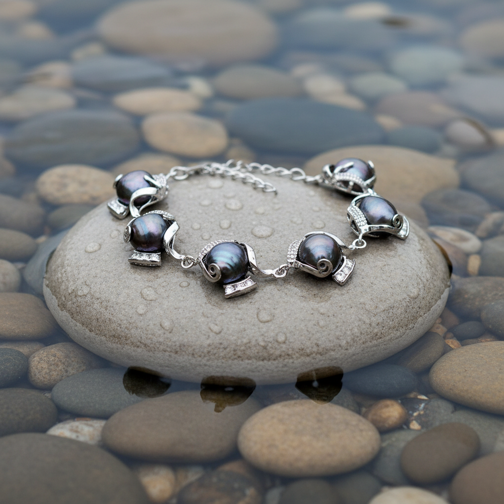 Zoetwater parel armband Evita Black op lichte grijze steen