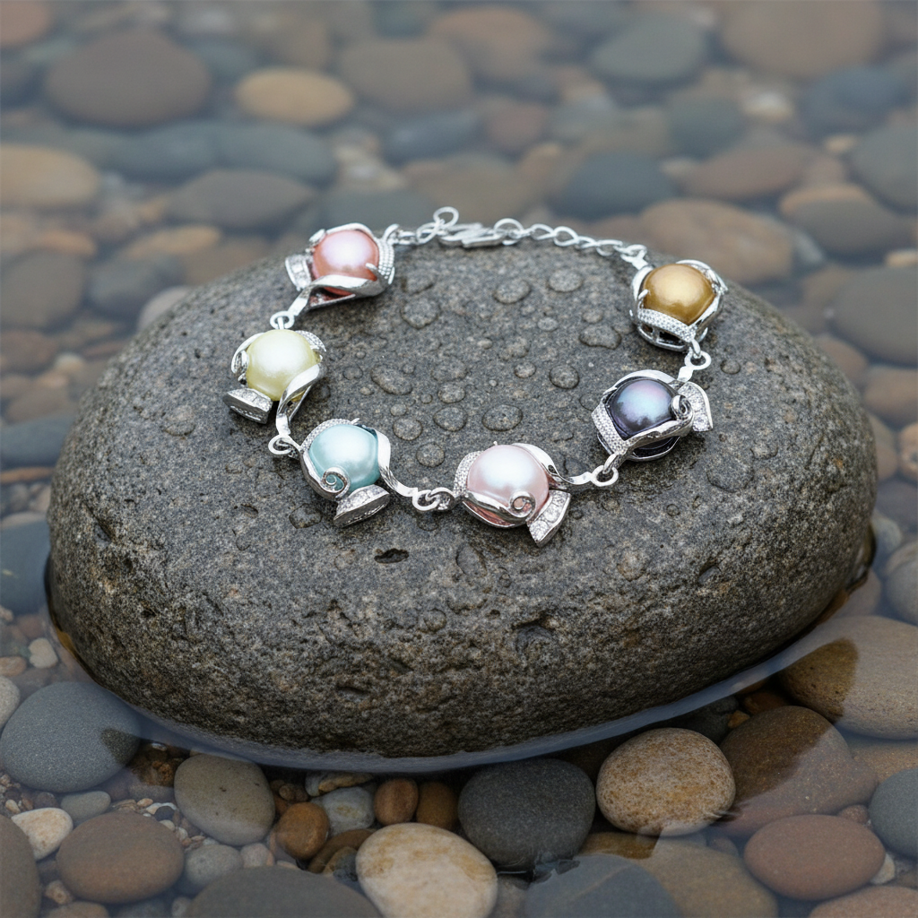 Zoetwater parel armband Evita Color Two op realistische grijze steen - stralende kleuren