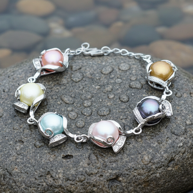 Zoetwater parel armband Evita Color Two op realistische grijze steen - stralende kleuren