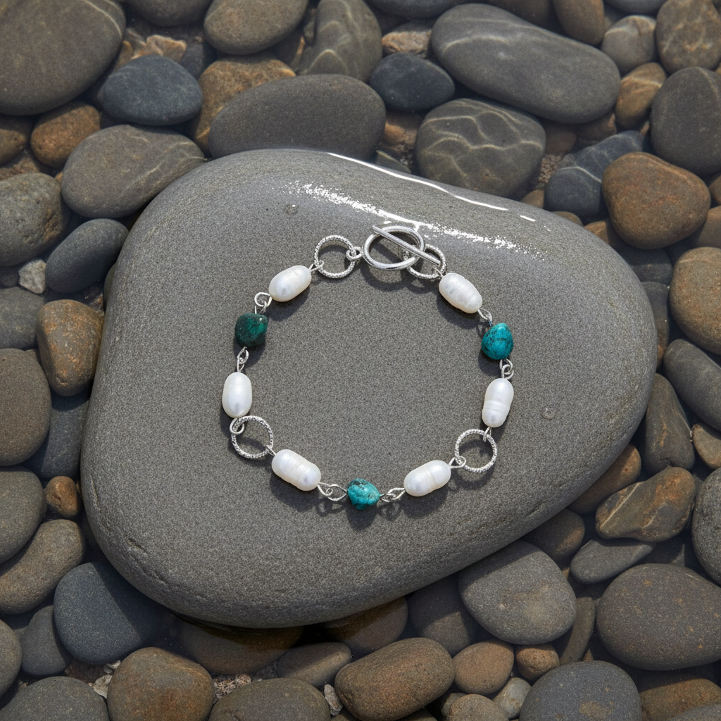 Zoetwater parel armband Lalita Chrysocolla op steen omringd door water - bovenaanzicht