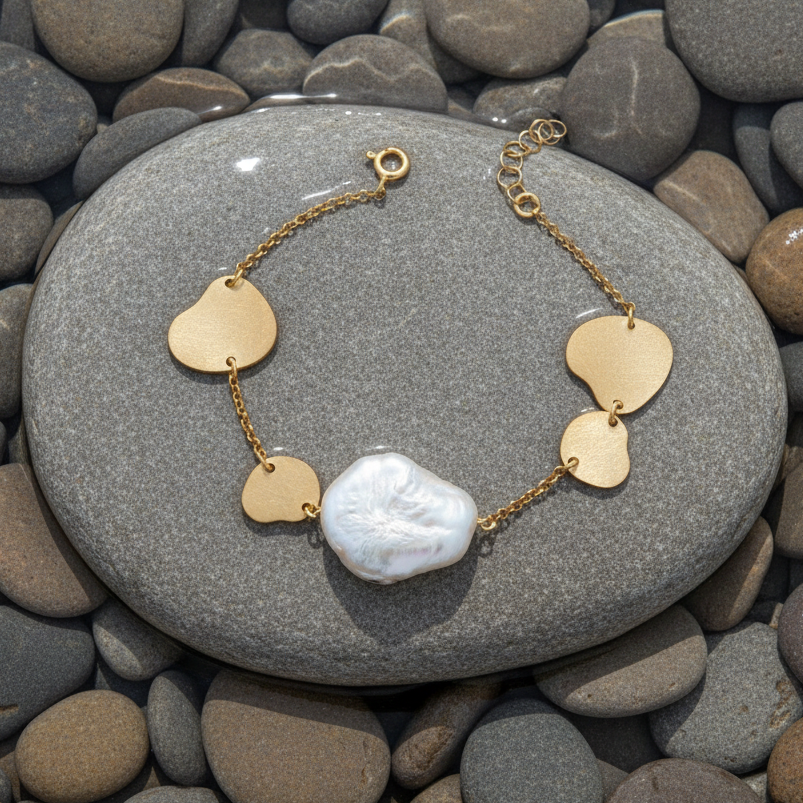 Zoetwater parel armband Marlieke op steen bij water - bovenaanzicht