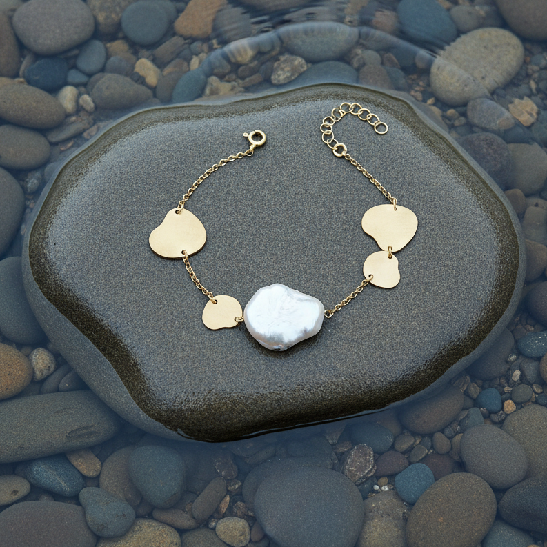 Zoetwater parel armband Marlieke op steen omringd door water - bovenaanzicht