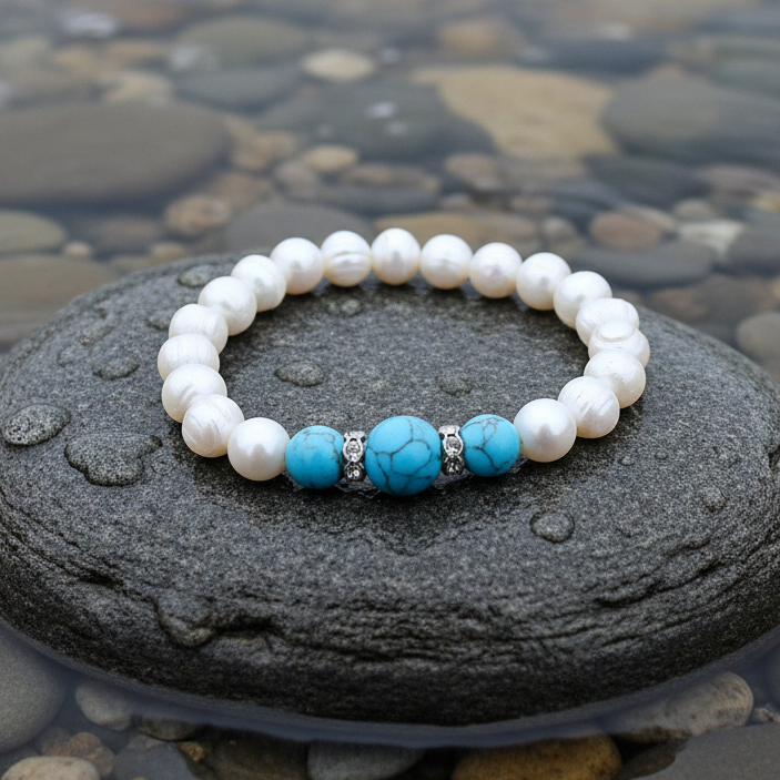 Zoetwater parel armband met edelsteen Bling Pearl 3 Turquoise Balls op realistische grijze steen