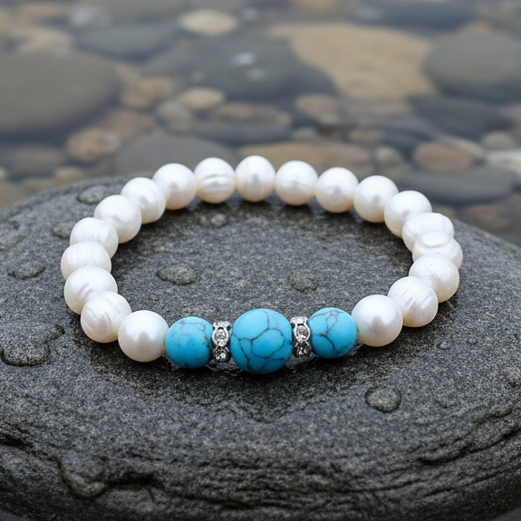 Zoetwater parel armband met edelsteen Bling Pearl 3 Turquoise Balls op realistische grijze steen