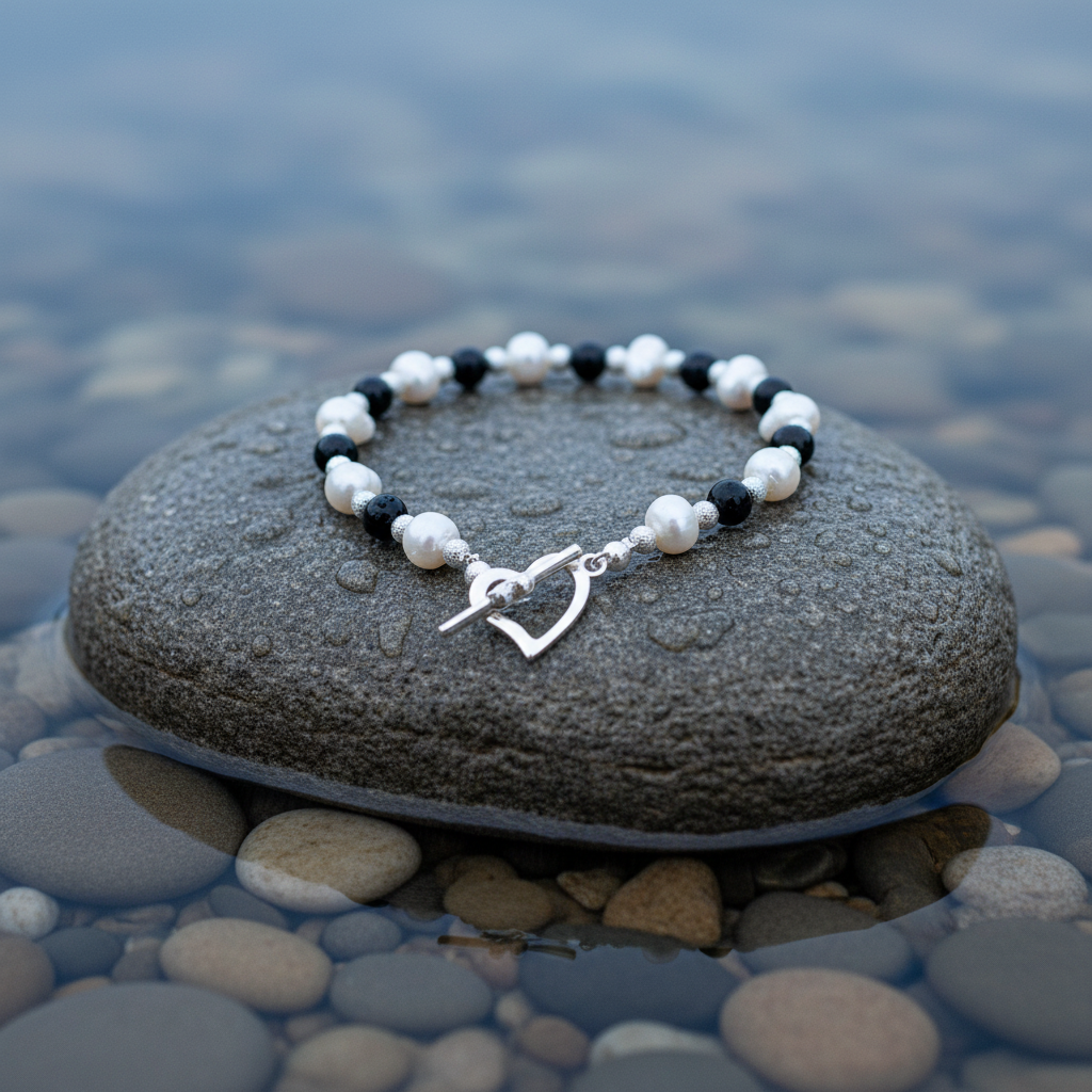 Zoetwater parel armband met edelsteen Pearl Heart Black Agate op realistische grijze steen