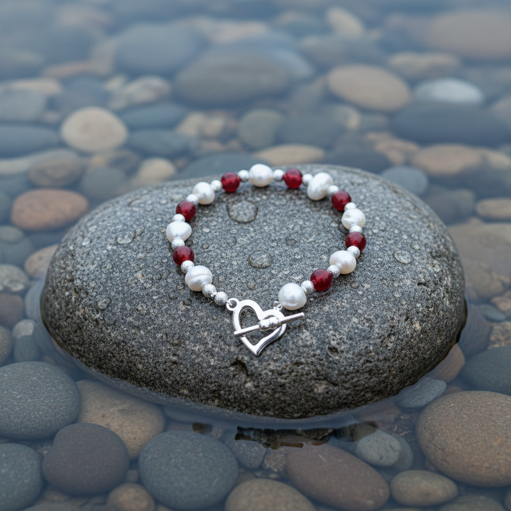 Zoetwater parel armband met edelsteen Pearl Heart Red Agate op realistische grijze steen