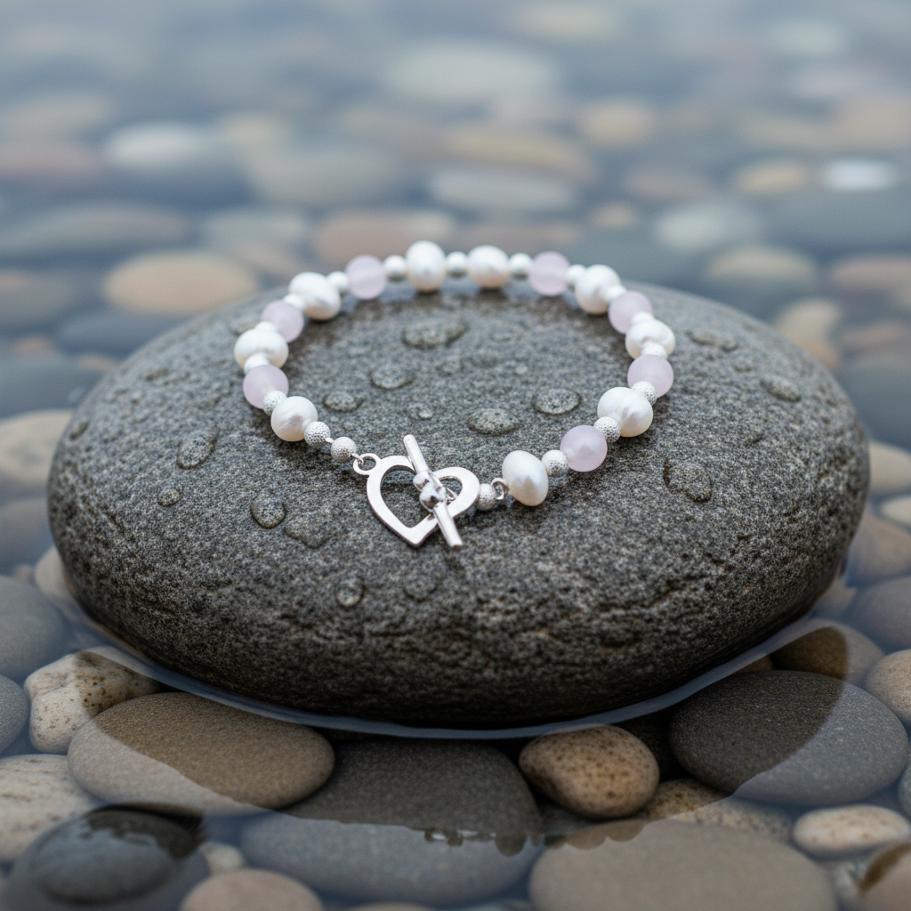 Zoetwater parel armband met edelsteen Pearl Heart Rose Quartz op realistische grijze steen