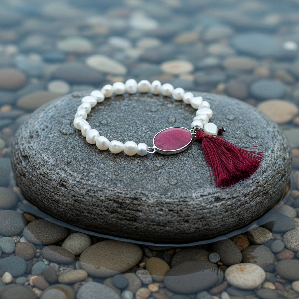 Zoetwater parel armband met edelsteen Pearl Red Agate Tuft op realistische grijze steen - close-up