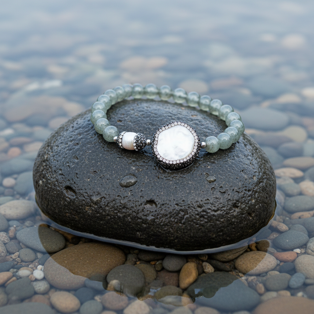 Zoetwater parel armband met edelstenen Bright Labradorite Coin Pearl op realistische grijze steen
