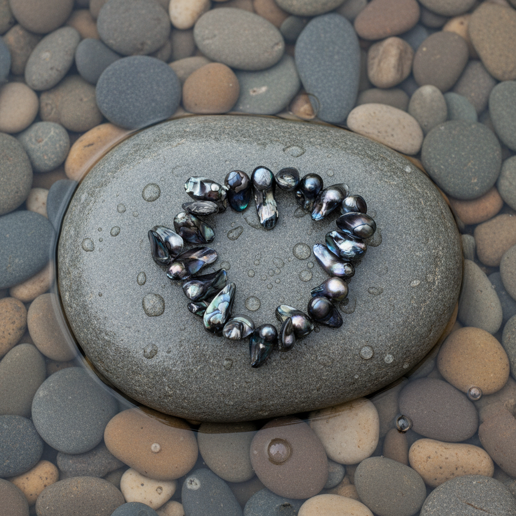 Zoetwater parel armband Pearl Blister Black op natte grijze steen - bovenaanzicht