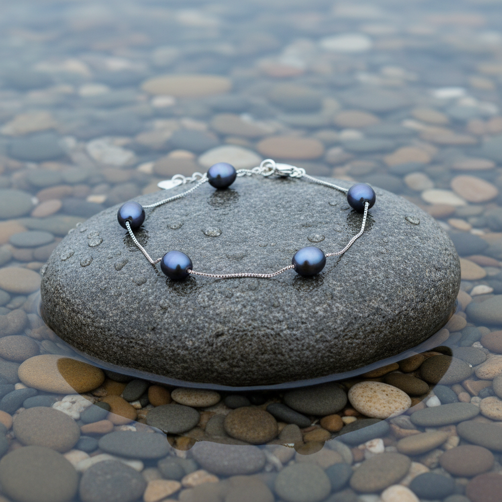 Zoetwater parel armband Pearl Chain Black op realistische grijze steen