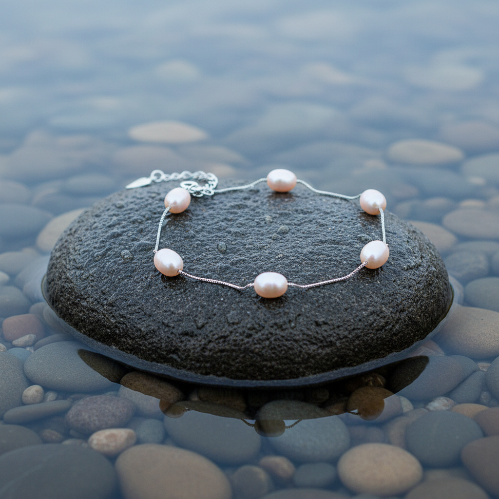 Zoetwater parel armband Pearl Chain Peach op realistische grijze steen