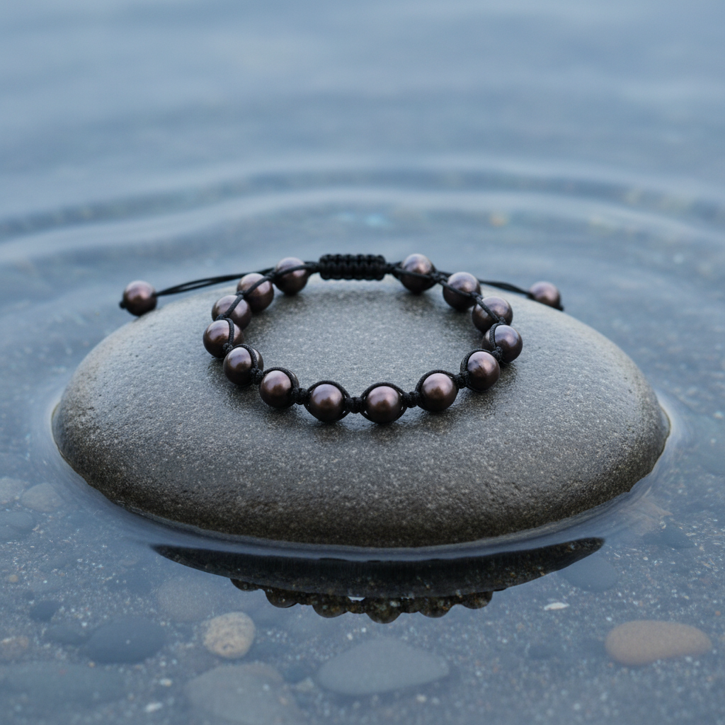 Zoetwater parel armband Sambala Brown Pearl - bovenaanzicht op steen in water