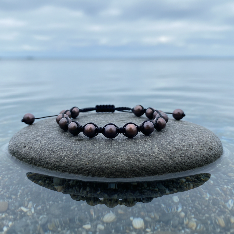 Zoetwater parel armband Sambala Brown Pearl op steen aan blauw water - realistisch