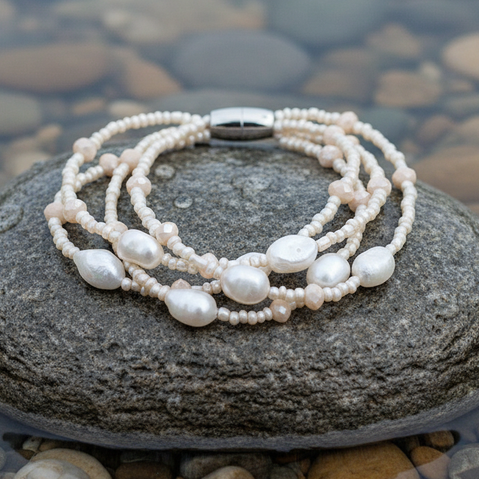 Zoetwater parel armband Shalina White op realistische grijze steen